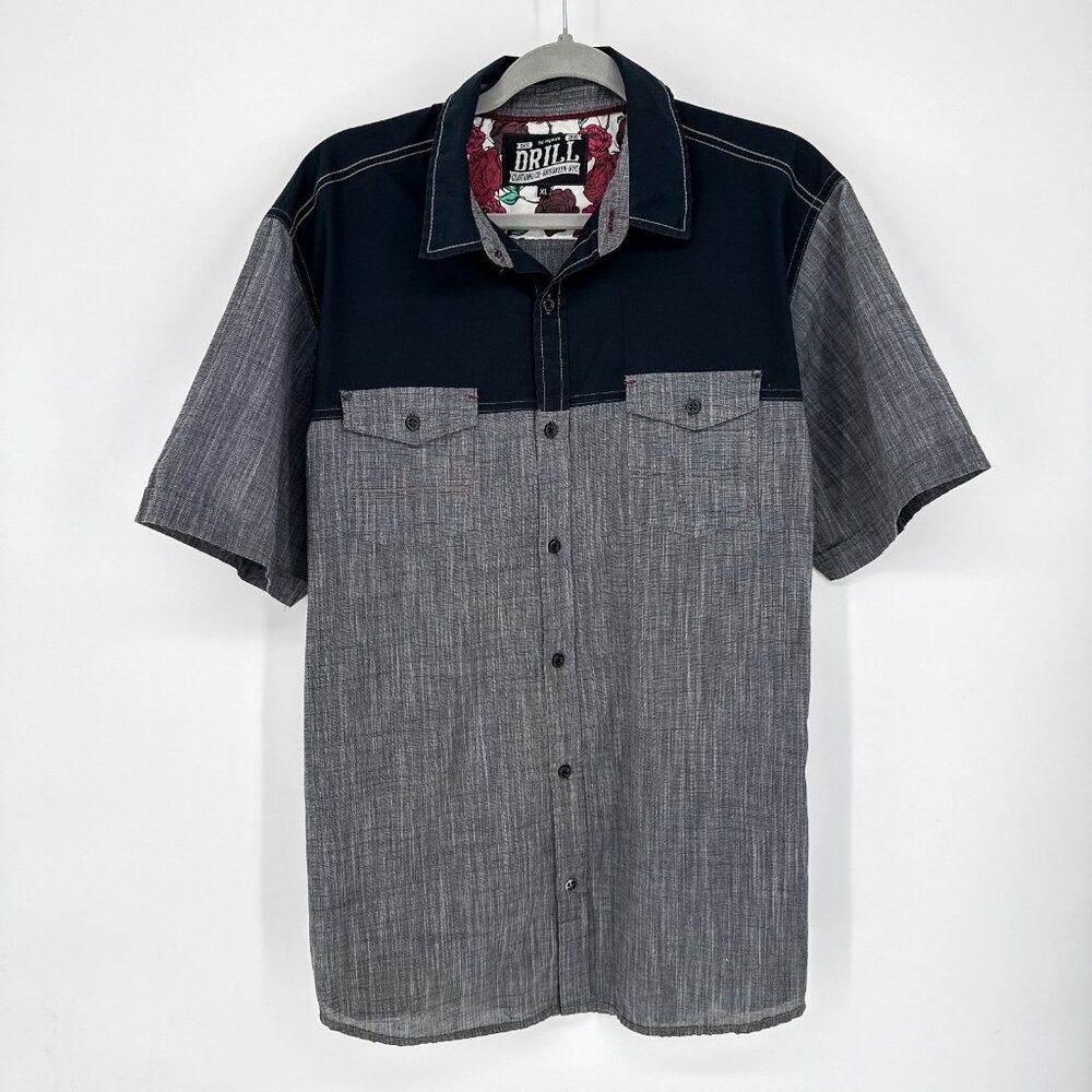 DRILL Clothing Co Brooklyn NYC Black /Grey Short Sleeve Button Down Mens XL